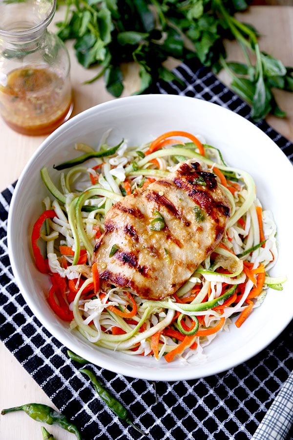 Thai Chicken Zoodles - A smoky, grilled Thai Chicken Zoodles Recipe that has lean protein, spiralized veggies and loads of flavor! This light, healthy recipe is ready in 23 minutes from start to finish. Recipe, healthy, zoodles, gluten free, main, dinner, light | pickledplum.com