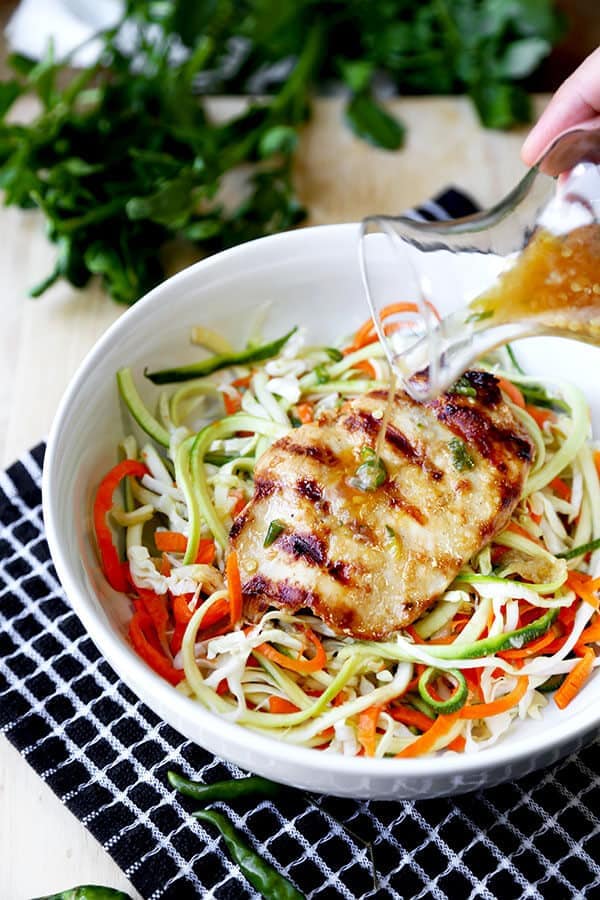 Thai Chicken Zoodles - A smoky, grilled Thai Chicken Zoodles Recipe that has lean protein, spiralized veggies and loads of flavor! This light, healthy recipe is ready in 23 minutes from start to finish. Recipe, healthy, zoodles, gluten free, main, dinner, light | pickledplum.com