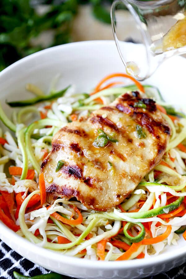 Thai Chicken Zoodles - A smoky, grilled Thai Chicken Zoodles Recipe that has lean protein, spiralized veggies and loads of flavor! This light, healthy recipe is ready in 23 minutes from start to finish. Recipe, healthy, zoodles, gluten free, main, dinner, light | pickledplum.com