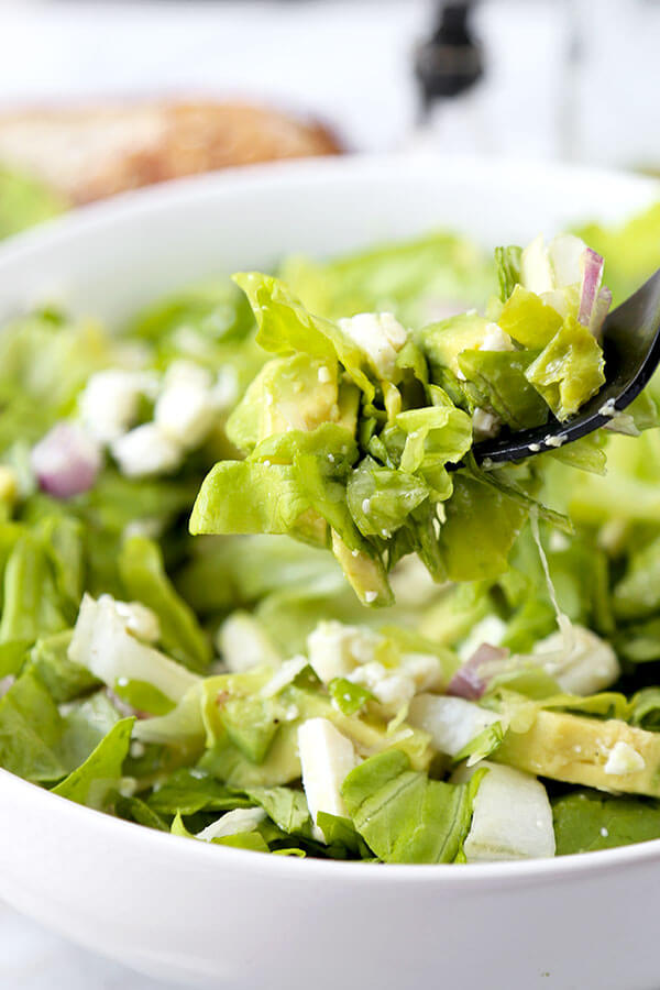 Chopped Salad - A bright, restaurant quality Chopped Salad With Avocado and Endive you can whip up at home in 10 minutes. Super crunchy, creamy and healthy! Recipe, vegan, gluten free, healthy, salad, side, snack | pickledplum.com
