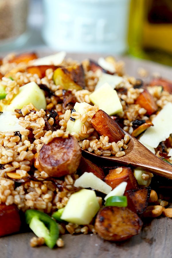 Hearty Farro Salad - This fiber-loaded Hearty Farro Salad Recipe mixes rustic fall veggies with tart apple, spicy jalapeños and umami-packed pecorino Romano cheese. Hearty and healthy! Healthy recipe, gluten free, vegetables, dinner, grain salad | pickledplum.com