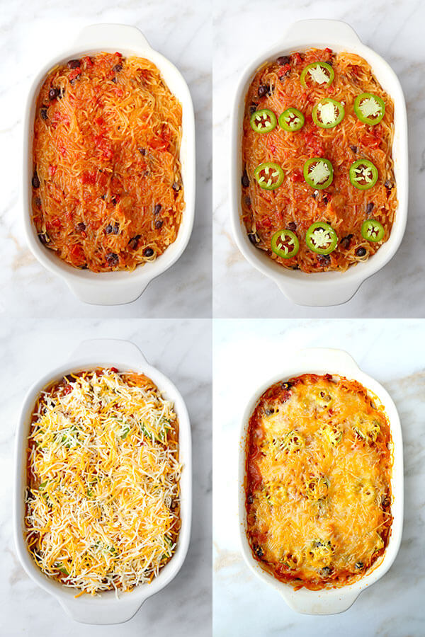 Mexican Spaghetti Squash Casserole - With the colors of autumn and peppy, south-of-the-border flavor, this Mexican Spaghetti Squash Casserole With Avocado Salsa Recipe is healthy dinner perfection! Recipe, healthy, dinner, main, casserole | pickledplum.com