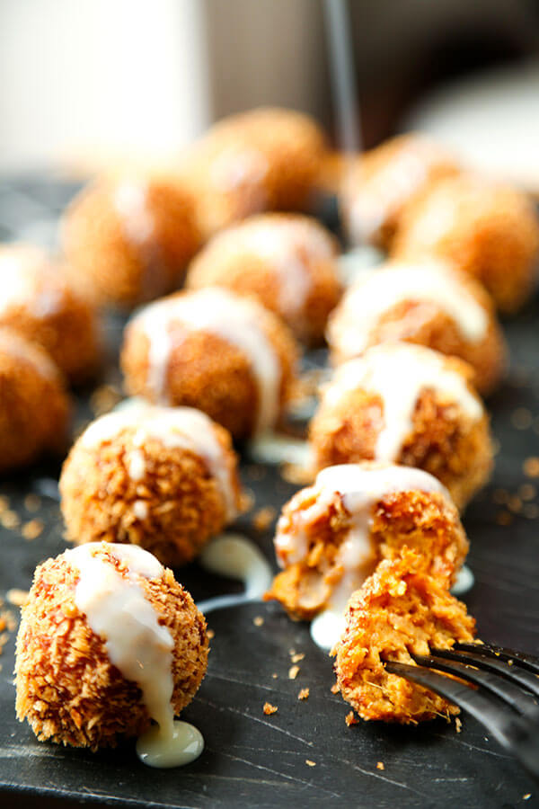 Sweet Potato Croquettes Recipe- These perfectly crunchy, creamy Sweet Potato Croquettes are loaded with healthy ingredients, but tastes like an indulgent, full-flavor dessert bomb! Recipe, dessert, sweet potato, snack, Thanksgiving, Christmas | pickledplum.com