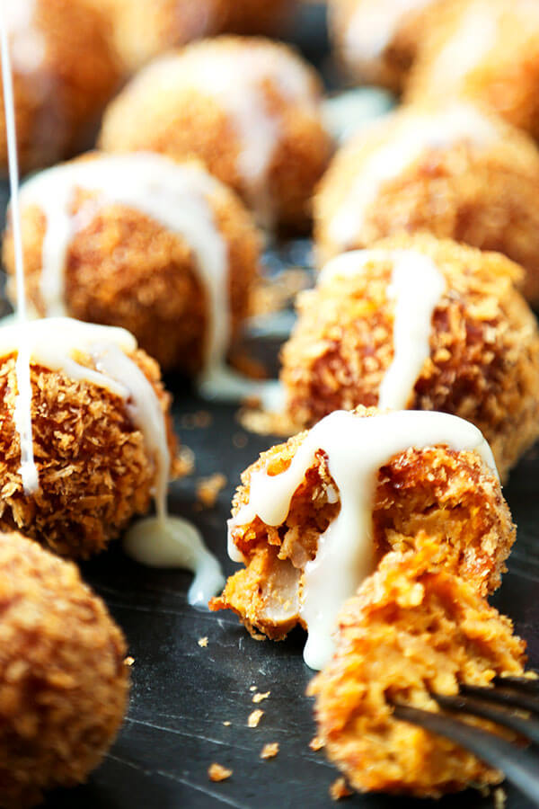 Sweet Potato Croquettes Recipe- These perfectly crunchy, creamy Sweet Potato Croquettes are loaded with healthy ingredients, but tastes like an indulgent, full-flavor dessert bomb! Recipe, dessert, sweet potato, snack, Thanksgiving, Christmas | pickledplum.com