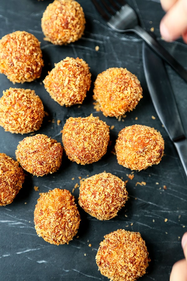 Sweet Potato Croquettes Recipe- These perfectly crunchy, creamy Sweet Potato Croquettes are loaded with healthy ingredients, but tastes like an indulgent, full-flavor dessert bomb! Recipe, dessert, sweet potato, snack, Thanksgiving, Christmas | pickledplum.com