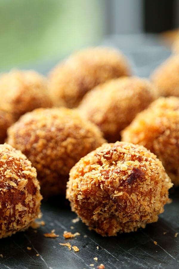 Sweet Potato Croquettes Recipe- These perfectly crunchy, creamy Sweet Potato Croquettes are loaded with healthy ingredients, but tastes like an indulgent, full-flavor dessert bomb! Recipe, dessert, sweet potato, snack, Thanksgiving, Christmas | pickledplum.com