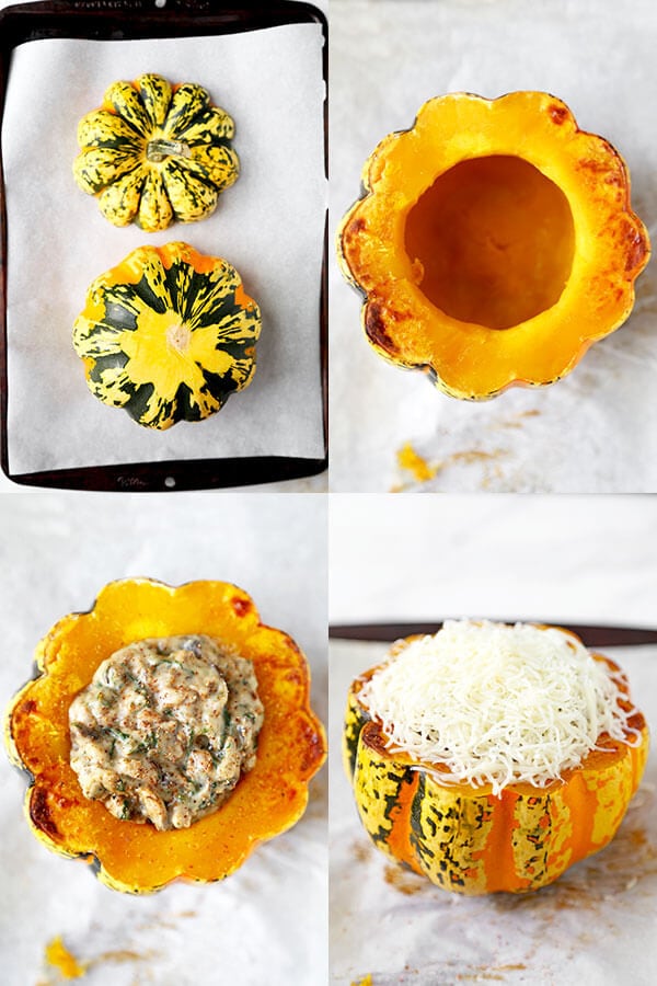 Cheesy Baked Acorn Squash - A delicious fall recipe your entirely family will love (and it looks so pretty!). Roasted acorn squash stuffed with cheese, baby kale and a creamy mushroom sauce. This is an easy dinner recipe, comfort food for the fall and winter. #fallrecipes #acornsquash #homemade #yummy | pickledplum.com