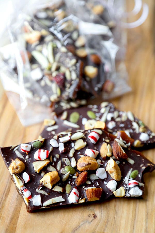 Super Nutty Chocolate Peppermint Bark - One layer of naughty and two layers of nice make this Super Nutty Chocolate Bark the perfect sweet, holiday inspired treat. It also makes a great homemade gift! Recipe, Thanksgiving, Christmas, toffee, dessert, snack, chocolate | pickledplum.com