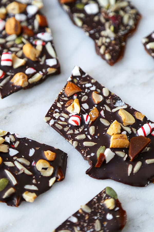 Super Nutty Chocolate Peppermint Bark - One layer of naughty and two layers of nice make this Super Nutty Chocolate Bark the perfect sweet, holiday inspired treat. It also makes a great homemade gift! Recipe, Thanksgiving, Christmas, toffee, dessert, snack, chocolate | pickledplum.com