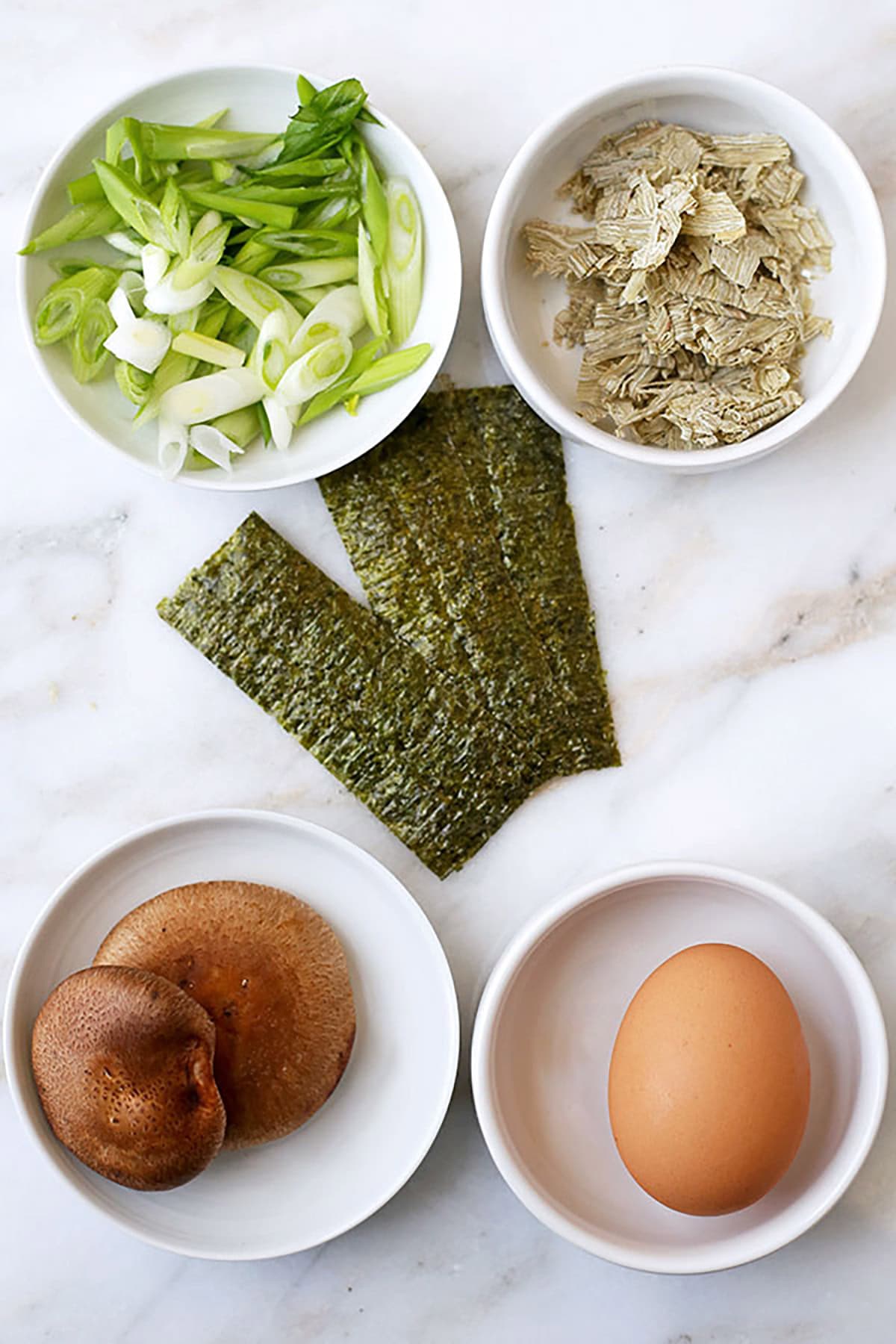 green onions, shiitake mushrooms, egg, nori, and kombu