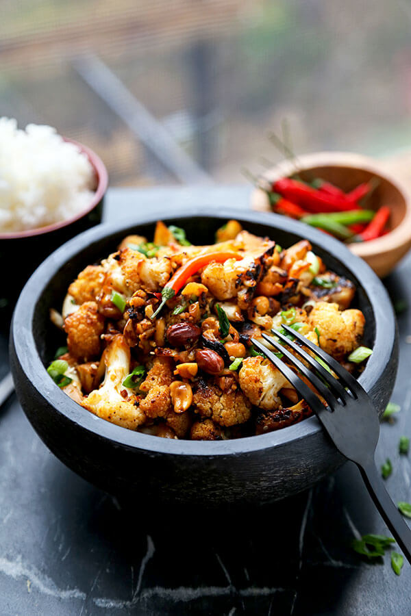 Kung Pao Cauliflower - A delicious alternative to classic Kung Pao Chicken, Kung Pao Cauliflower is just as smoky and satisfying but lower in calories and fat! Recipe, Chinese food, take out, healthy, cauliflower, vegetarian, Asian | pickledplum.com