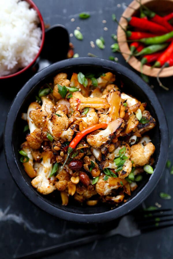 Kung Pao Cauliflower - A delicious alternative to classic Kung Pao Chicken, Kung Pao Cauliflower is just as smoky and satisfying but lower in calories and fat! Recipe, Chinese food, take out, healthy, cauliflower, vegetarian, Asian | pickledplum.com