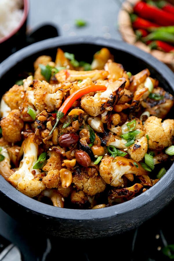 Kung Pao Cauliflower - A delicious alternative to classic Kung Pao Chicken, Kung Pao Cauliflower is just as smoky and satisfying but lower in calories and fat! Recipe, Chinese food, take out, healthy, cauliflower, vegetarian, Asian | pickledplum.com