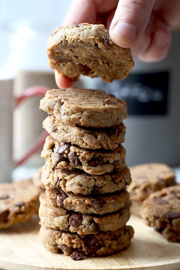 Vegan Chocolate Chip Cookies - These crispy vegan chocolate chip cookies are seriously addictive. Made with coconut instead of butter and packed with vegan chocolate chips, they taste like the real thing! Ready, get set, bake! Recipe, cookies, vegan, dessert, snack, chocolate, dairy free, vegetarian | pickledplum.com