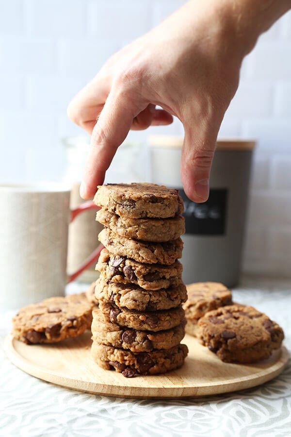 Vegan Chocolate Chip Cookies - These crispy vegan chocolate chip cookies are seriously addictive. Made with coconut instead of butter and packed with vegan chocolate chips, they taste like the real thing! Ready, get set, bake! Recipe, cookies, vegan, dessert, snack, chocolate, dairy free, vegetarian | pickledplum.com