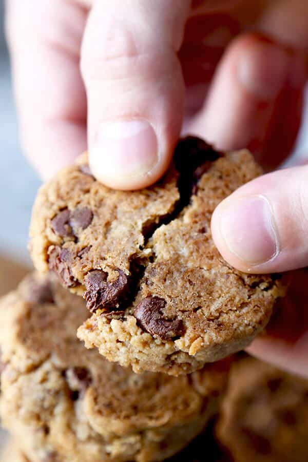 Vegan Chocolate Chip Cookies - These crispy vegan chocolate chip cookies are seriously addictive. Made with coconut instead of butter and packed with vegan chocolate chips, they taste like the real thing! Ready, get set, bake! Recipe, cookies, vegan, dessert, snack, chocolate, dairy free, vegetarian | pickledplum.com