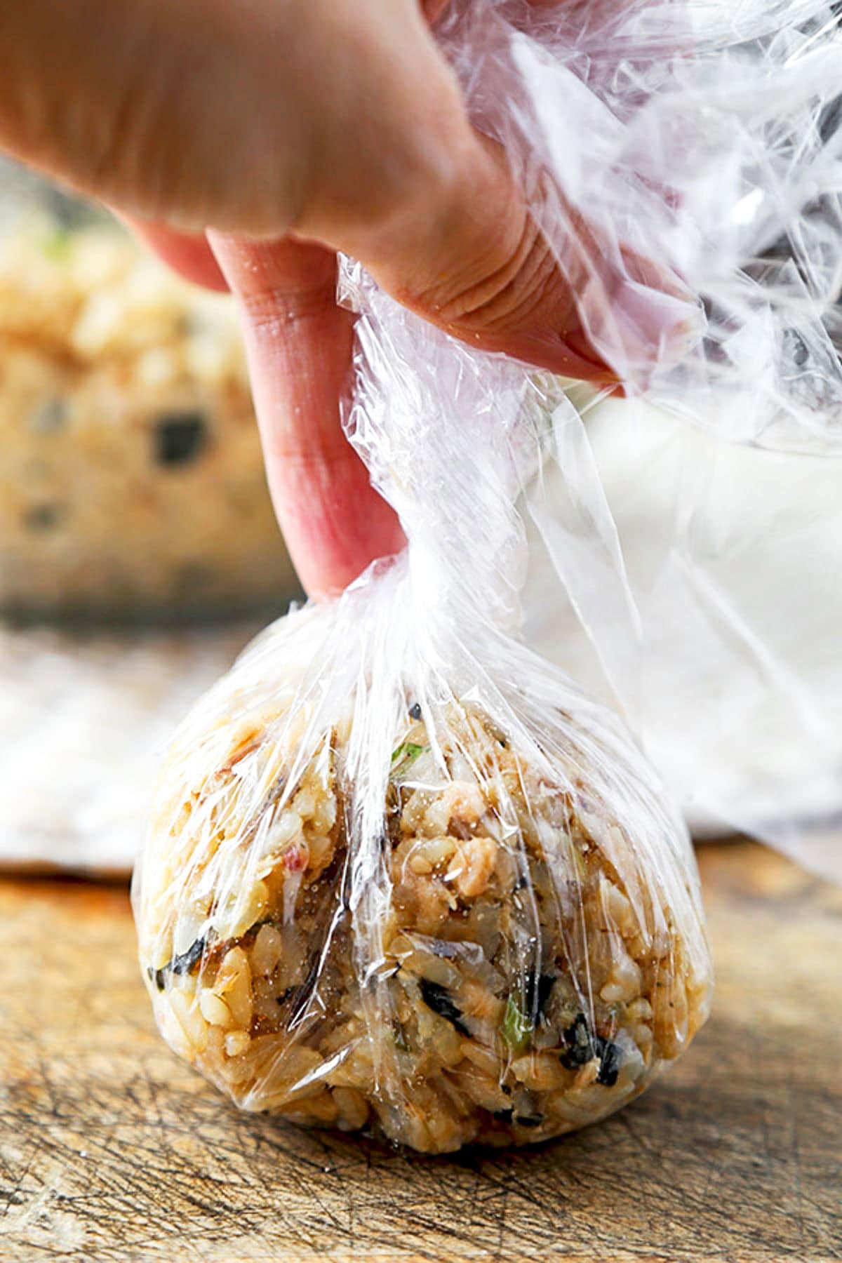 tuna rice wrapped in plastic wrap