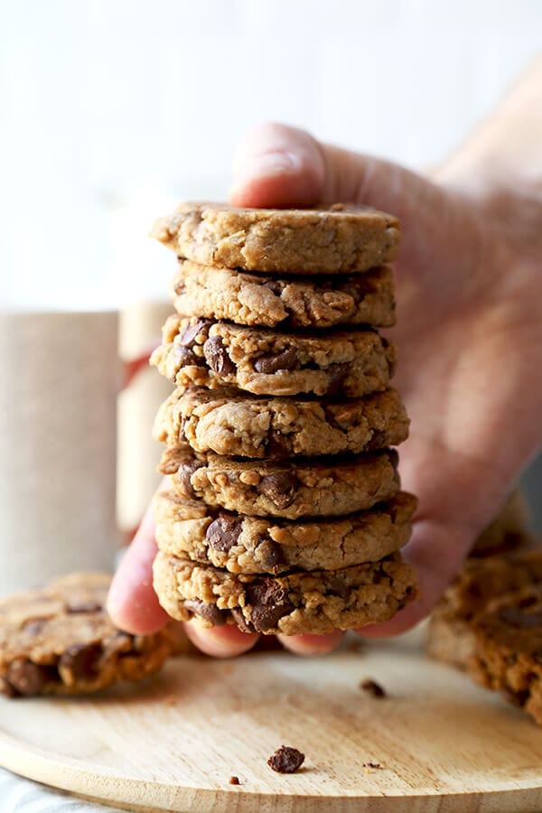 Vegan Chocolate Chip Cookies - These crispy vegan chocolate chip cookies are seriously addictive. Made with coconut instead of butter and packed with vegan chocolate chips, they taste like the real thing! Ready, get set, bake! Recipe, cookies, vegan, dessert, snack, chocolate, dairy free, vegetarian | pickledplum.com