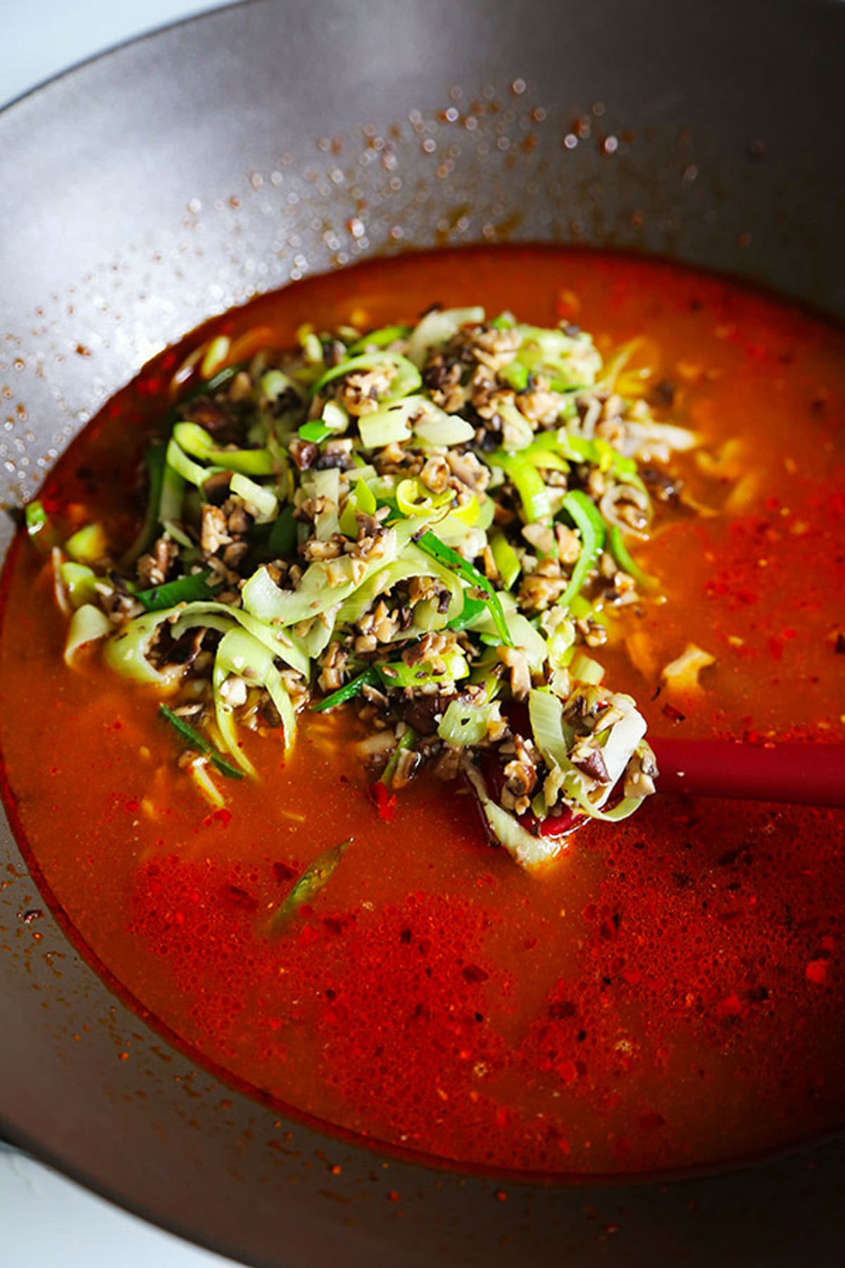 mapo tofu sauce with leeks and mushrooms