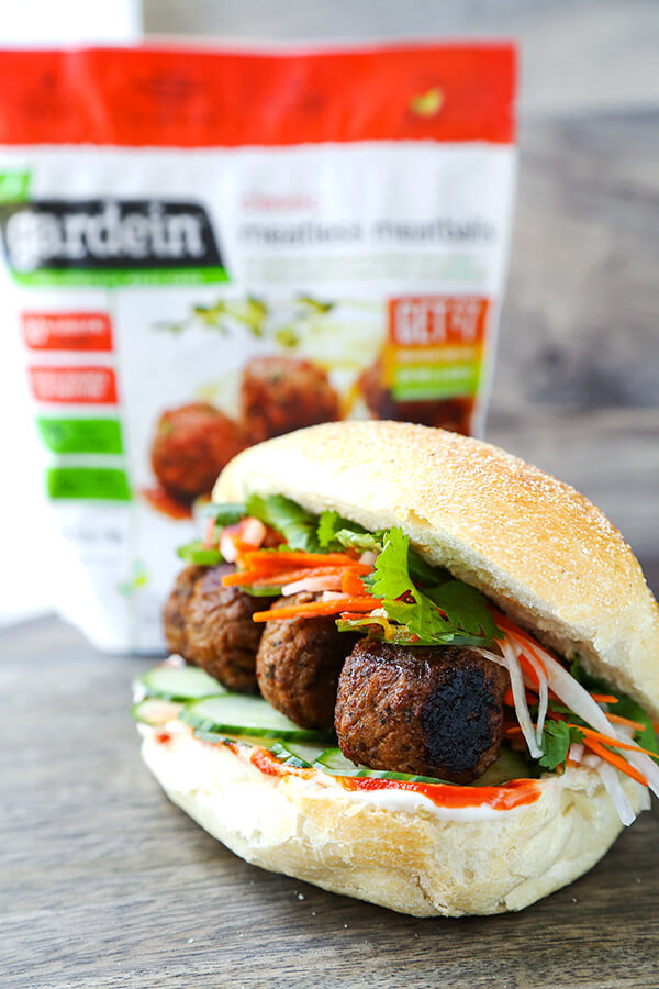 Meatless Meatball Banh Mi Sandwich - This is the ultimate vegetarian Vietnamese banh mi recipe! So yummy it might just better than the real thing! Ready in 25 minutes from start to finish. Vietnamese food recipes, Vegan Vietnamese food recipes, healthy Asian dinner recipes, healthy vegan sandwich | pickledplum.com