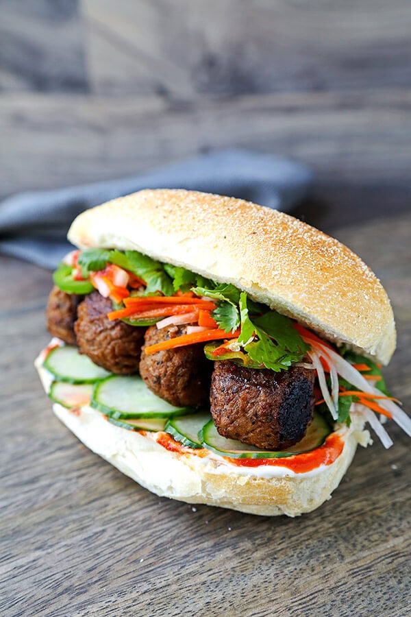 Meatless Meatball Banh Mi Sandwich - This is the ultimate vegetarian Vietnamese banh mi recipe! So yummy it might just better than the real thing! Ready in 25 minutes from start to finish. Vietnamese food recipes, Vegan Vietnamese food recipes, healthy Asian dinner recipes, healthy vegan sandwich | pickledplum.com