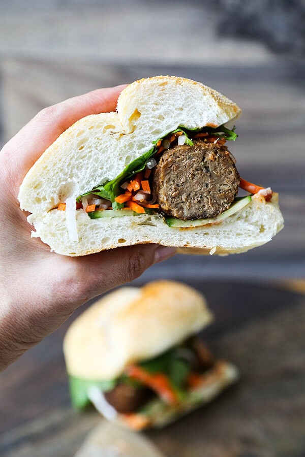 Meatless Meatball Banh Mi Sandwich - This is the ultimate vegetarian Vietnamese banh mi recipe! So yummy it might just better than the real thing! Ready in 25 minutes from start to finish. Vietnamese food recipes, Vegan Vietnamese food recipes, healthy Asian dinner recipes, healthy vegan sandwich | pickledplum.com