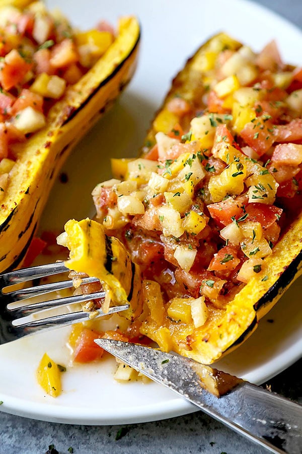 Roasted Delicata Squash With Miso Salsa - The combination of sweet delicata squash, savory miso and salsa-like stuffing puts this healthy comfort food in its own category. winter squash recipes, roasted squash dinner, healthy squash recipes, vegan, vegetarian, gluten free | pickledplum.com