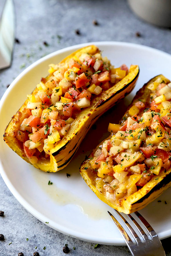 Roasted Delicata Squash With Miso Salsa - The combination of sweet delicata squash, savory miso and salsa-like stuffing puts this healthy comfort food in its own category. winter squash recipes, roasted squash dinner, healthy squash recipes, vegan, vegetarian, gluten free | pickledplum.com