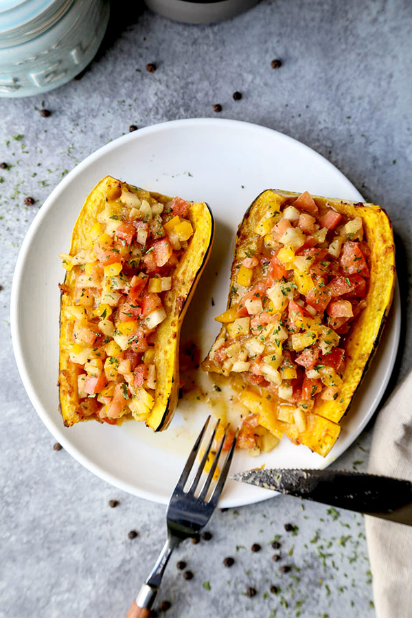 Roasted Delicata Squash With Miso Salsa - The combination of sweet delicata squash, savory miso and salsa-like stuffing puts this healthy comfort food in its own category. winter squash recipes, roasted squash dinner, healthy squash recipes, vegan, vegetarian, gluten free | pickledplum.com