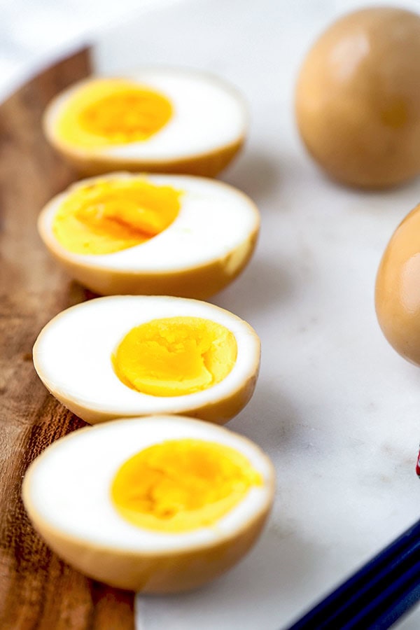 Sliced ramen eggs.