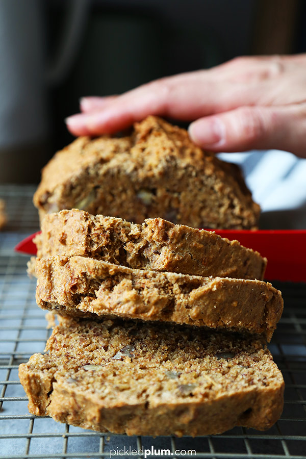 Healthy Banana Bread Recipe (Vegan) - This is a no sugar, no egg, totally dairy free and easy and plant based banana bread that's moist and just sweet enough to fix a sugar craving! #bananabread #plantbaseddiet #healthyeating #healthyrecipes | pickledplum.com