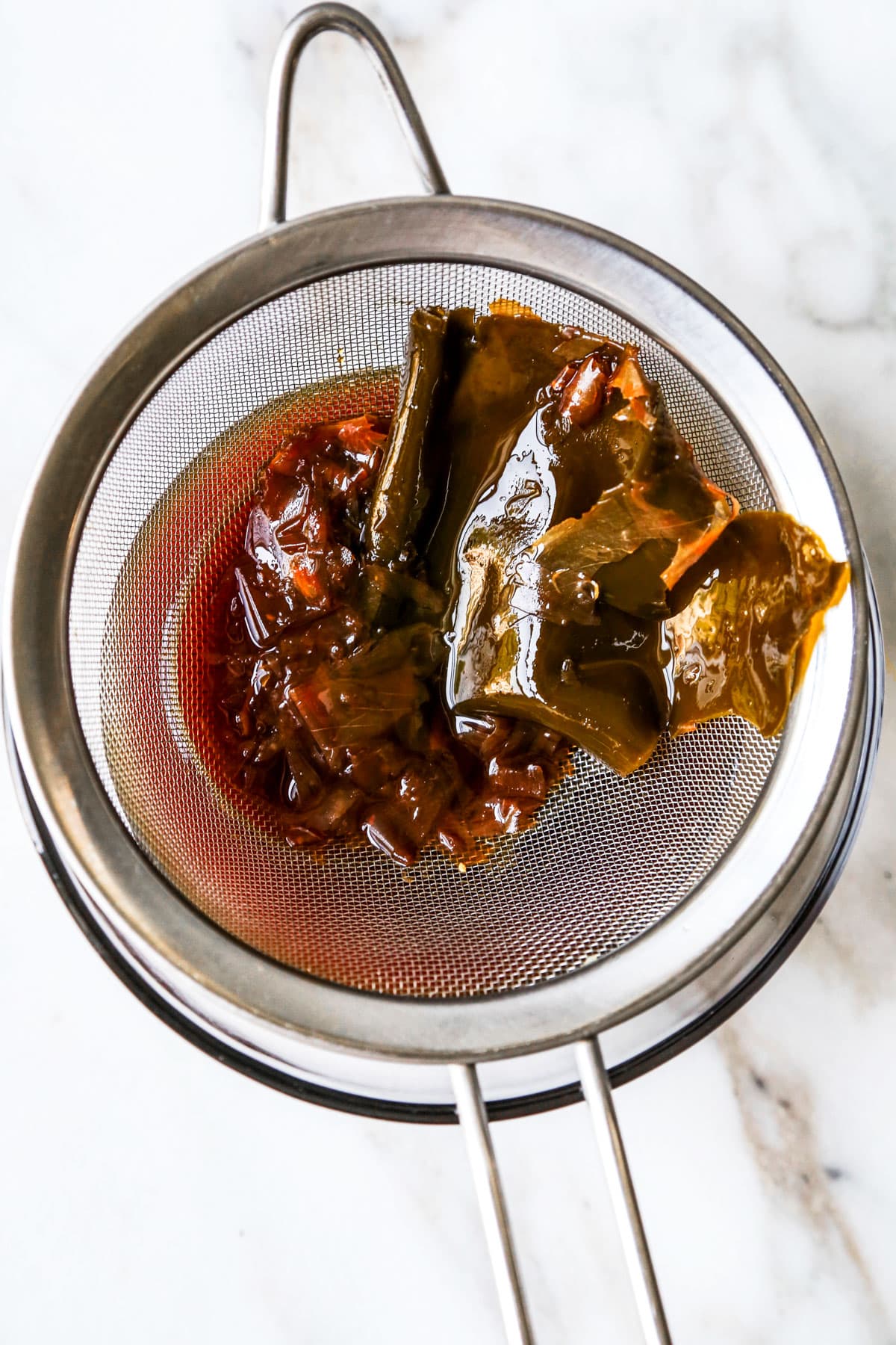 kombu and bonito flakes in strainer