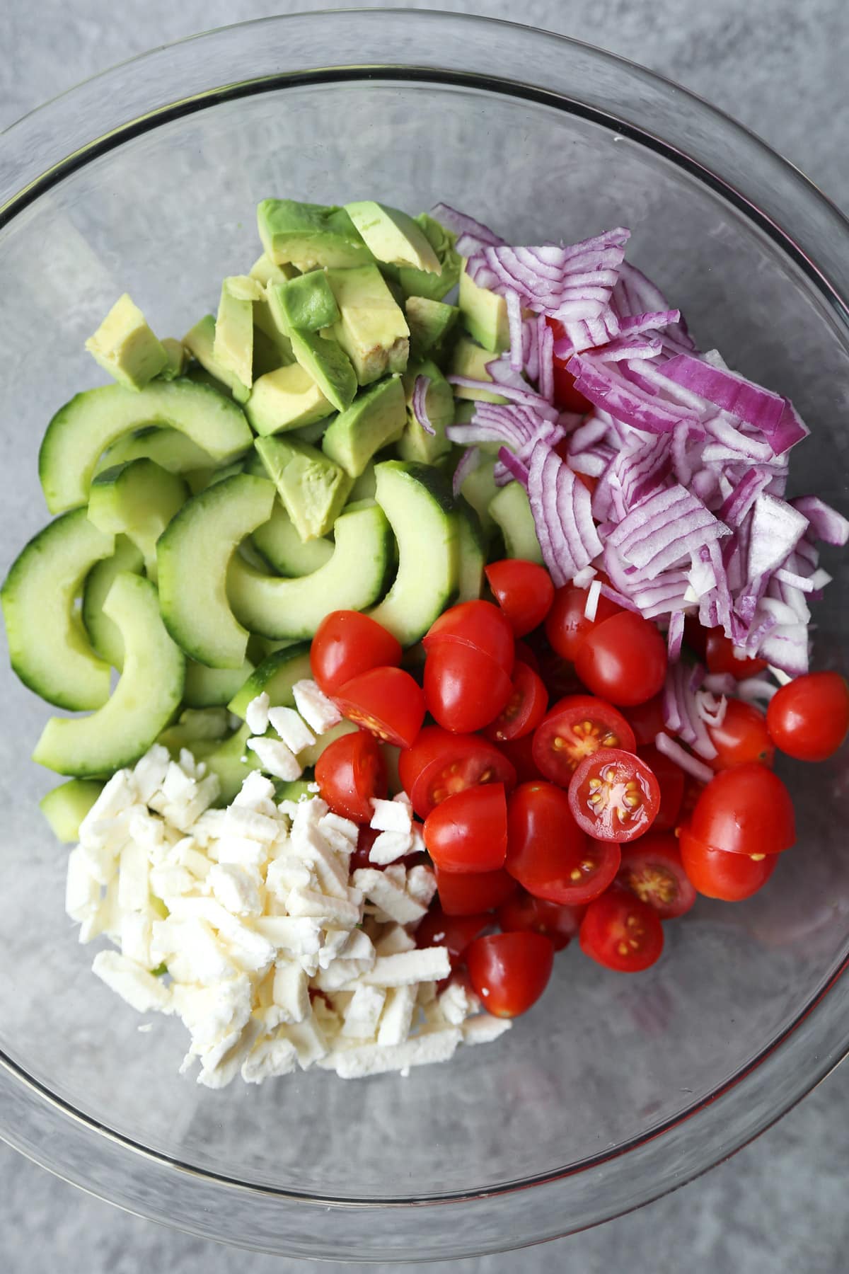 ingredients for creamy tomato cucumber salad