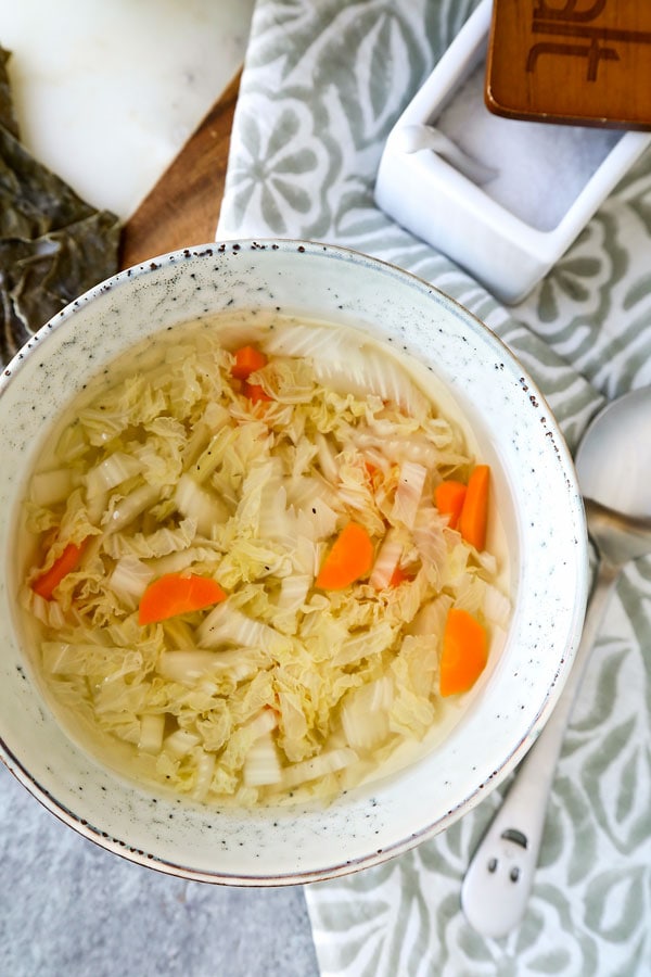 This 3-ingredient healthy weight-loss Cabbage Soup With Kombu Dashi is flavor packed and ready in 25 mins. Great for when you need a little detox! #fatburning #simple #detox #weightloss #healthyrecipe #cabbagesoup #vegan #vegetarian | pickledplum.com