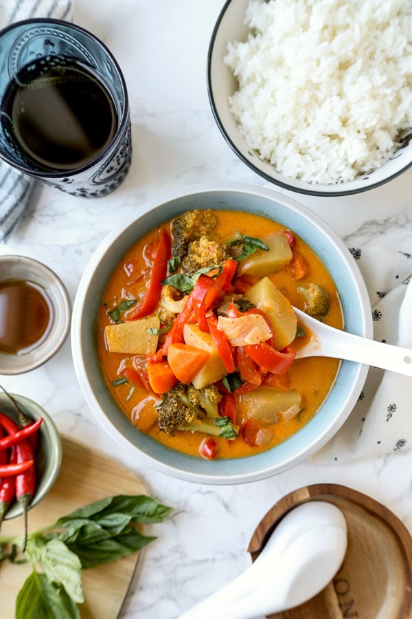 Thai Panang curry with rice and chili peppers