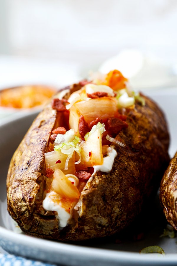 Air Fryer Baked Potato with Kimchi, sour cream and Bacon Bits