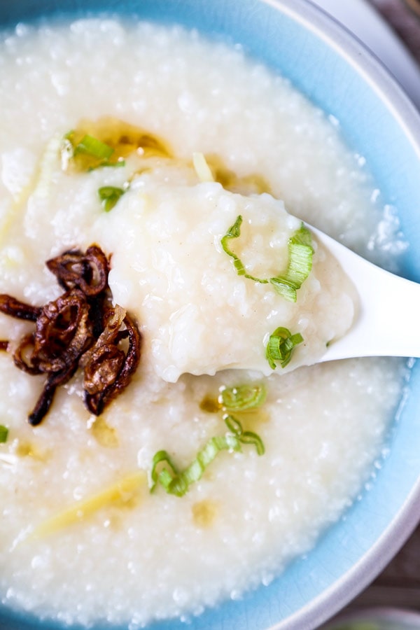 Basic congee with fried shallots and scallions