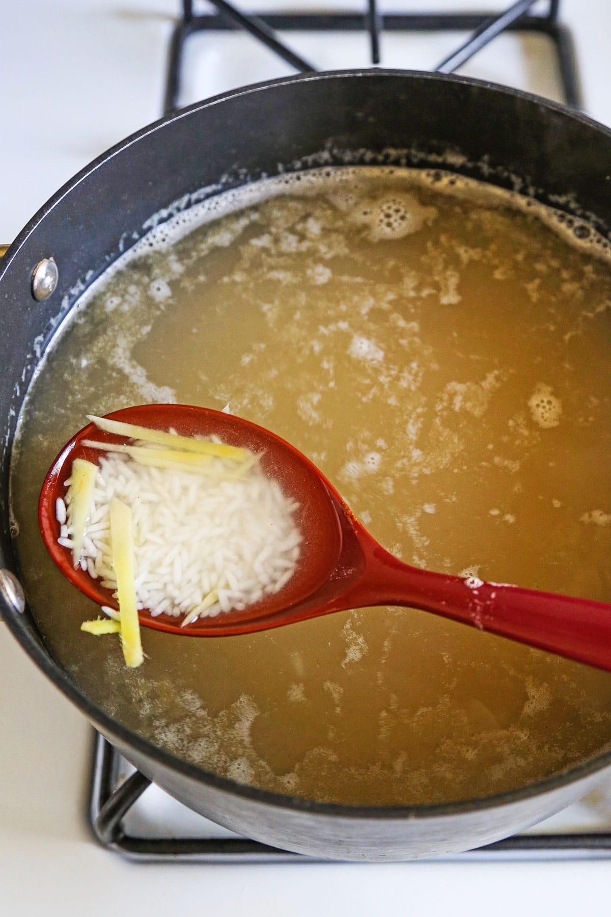 chicken broth, ginger, and rice