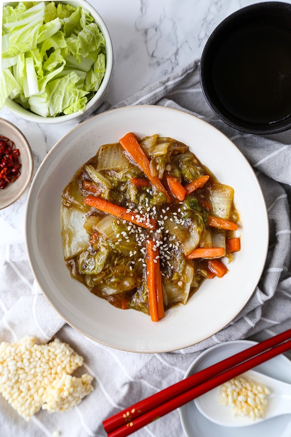 Chinese stir fried napa cabbage with shredded carrots