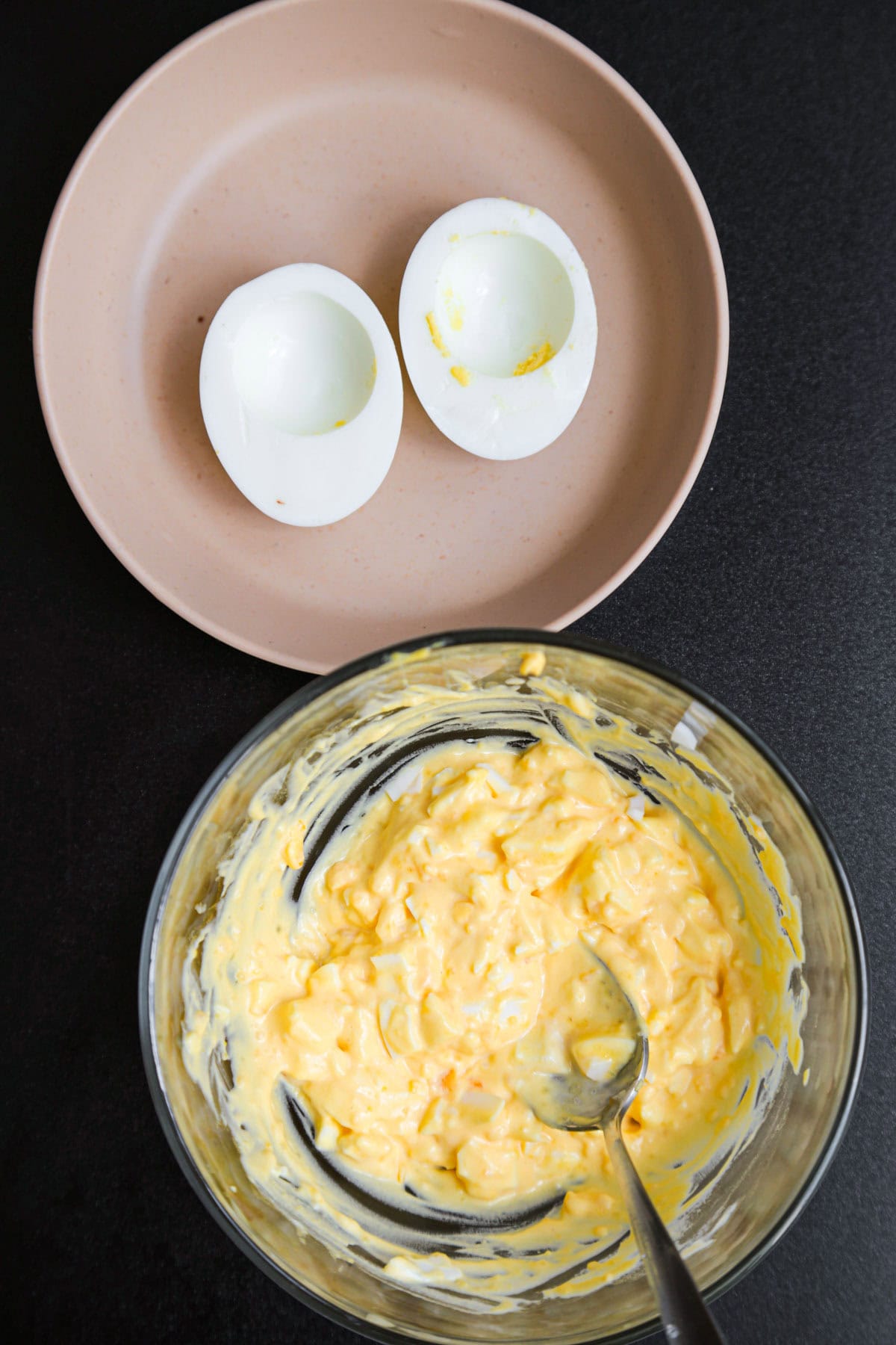mashed egg yolks with mayonnaise, boiled egg whites