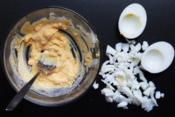 mashed egg yolks and chopped egg white
