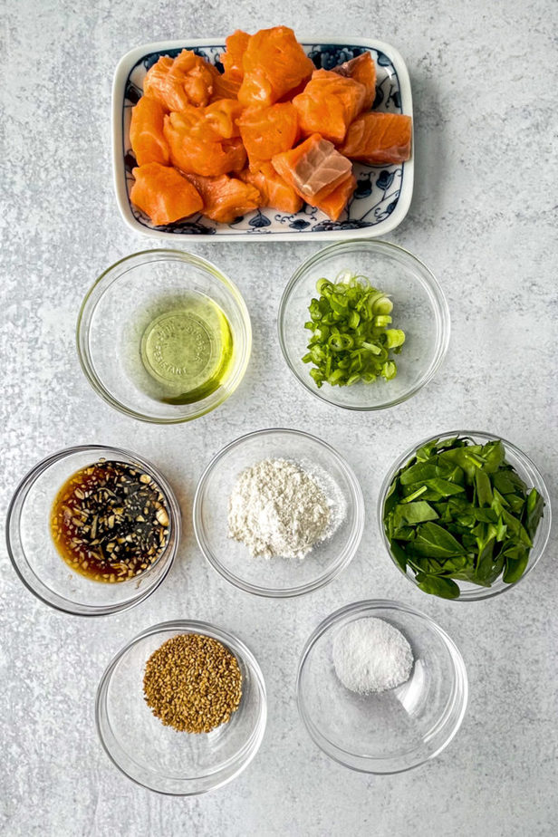 Ingredients for salmon teriyaki donburi