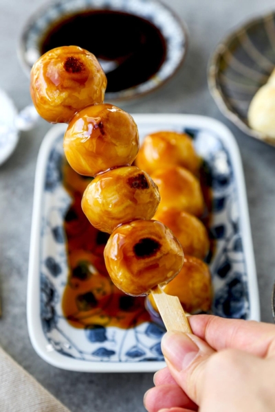 dango with sweet soy sauce glaze - vegan japanese recipes