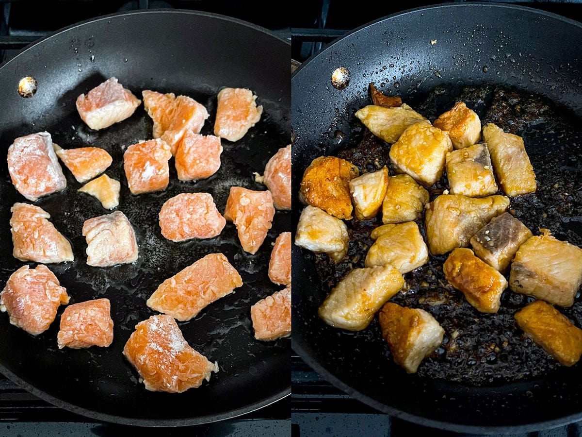 salmon frying in a pan