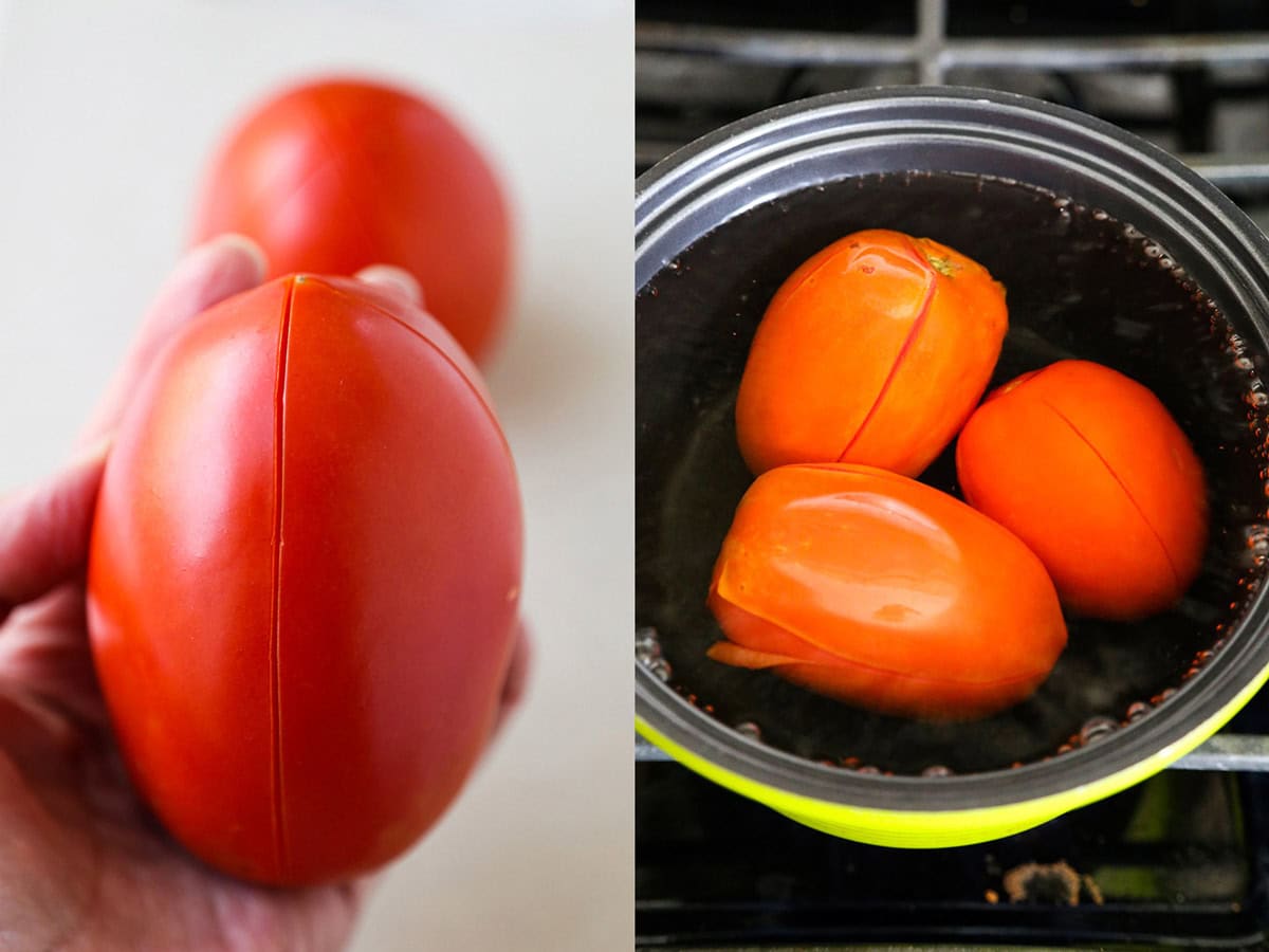 slicing and boiling tomatoes