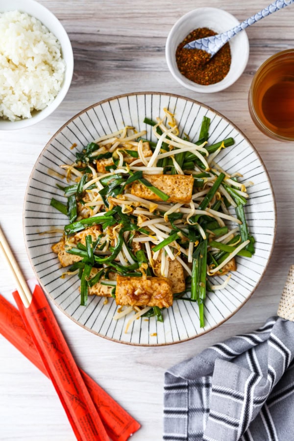 Stir Fried Bean Sprouts with Tofu and Garlic Chives Pickled Plum