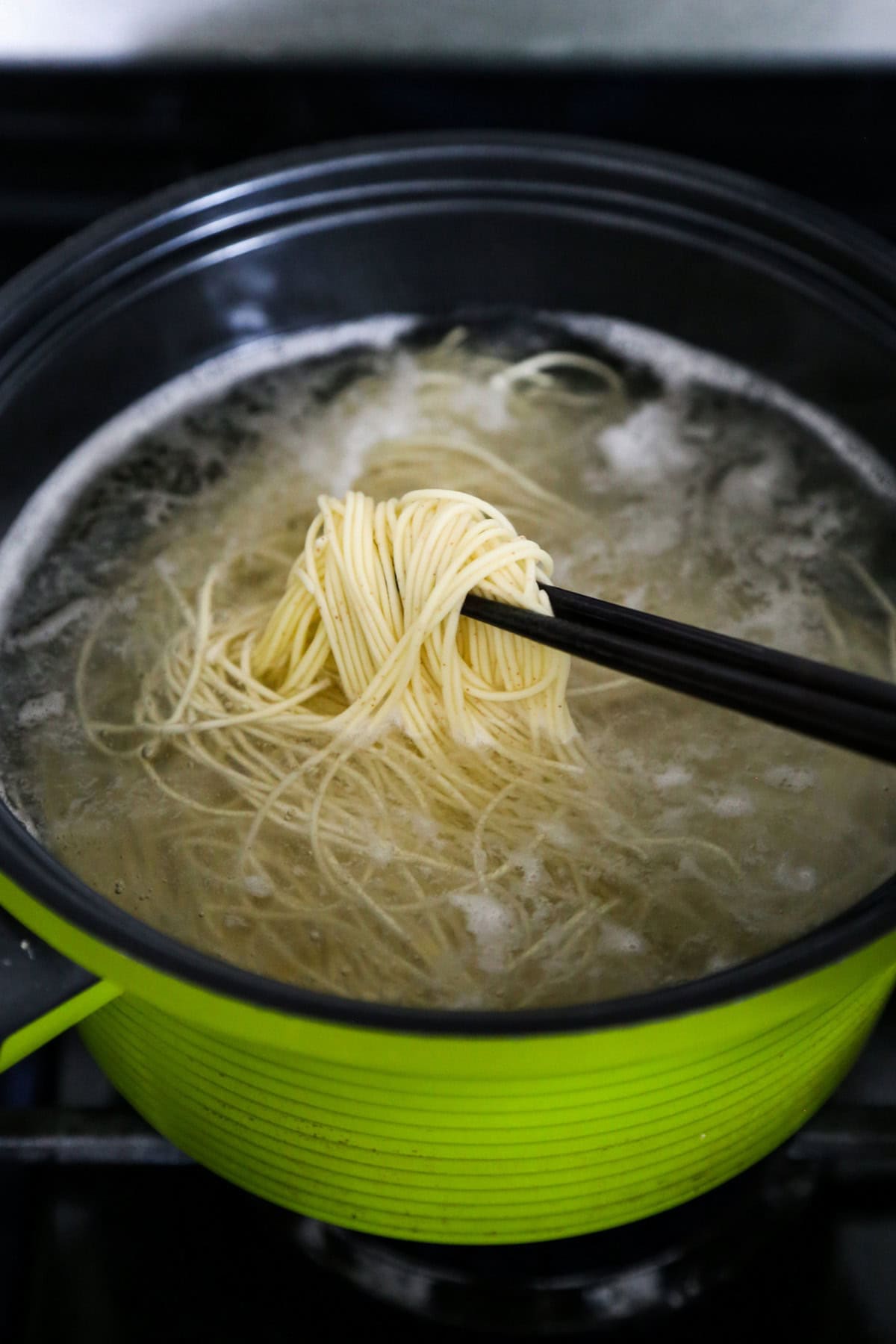 egg noodles in boiling water