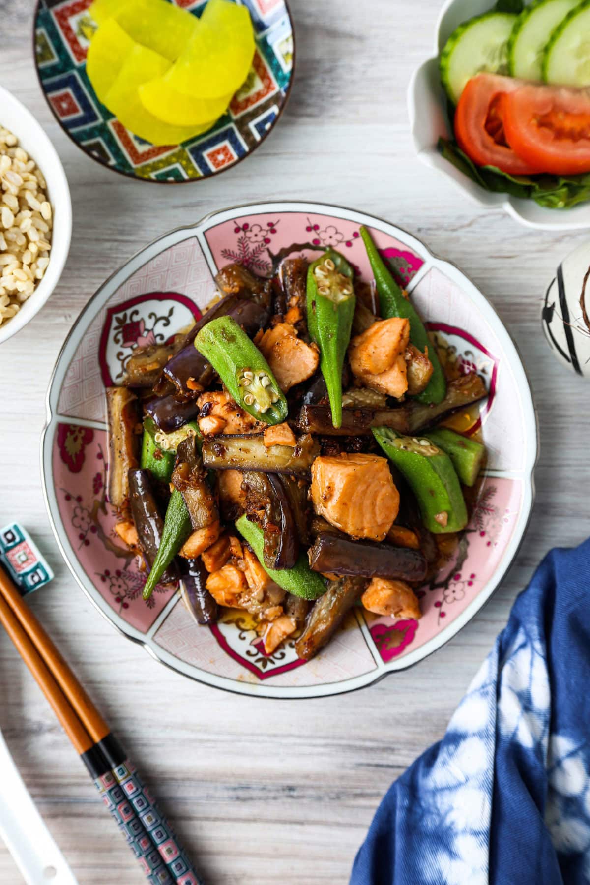 Image of Bowl of okra and eggplant stir-fry