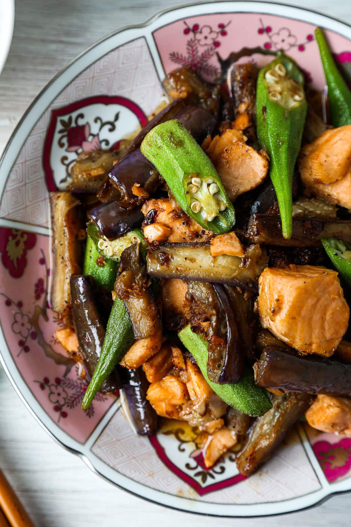 Eggplant, okra, and fish stir fry