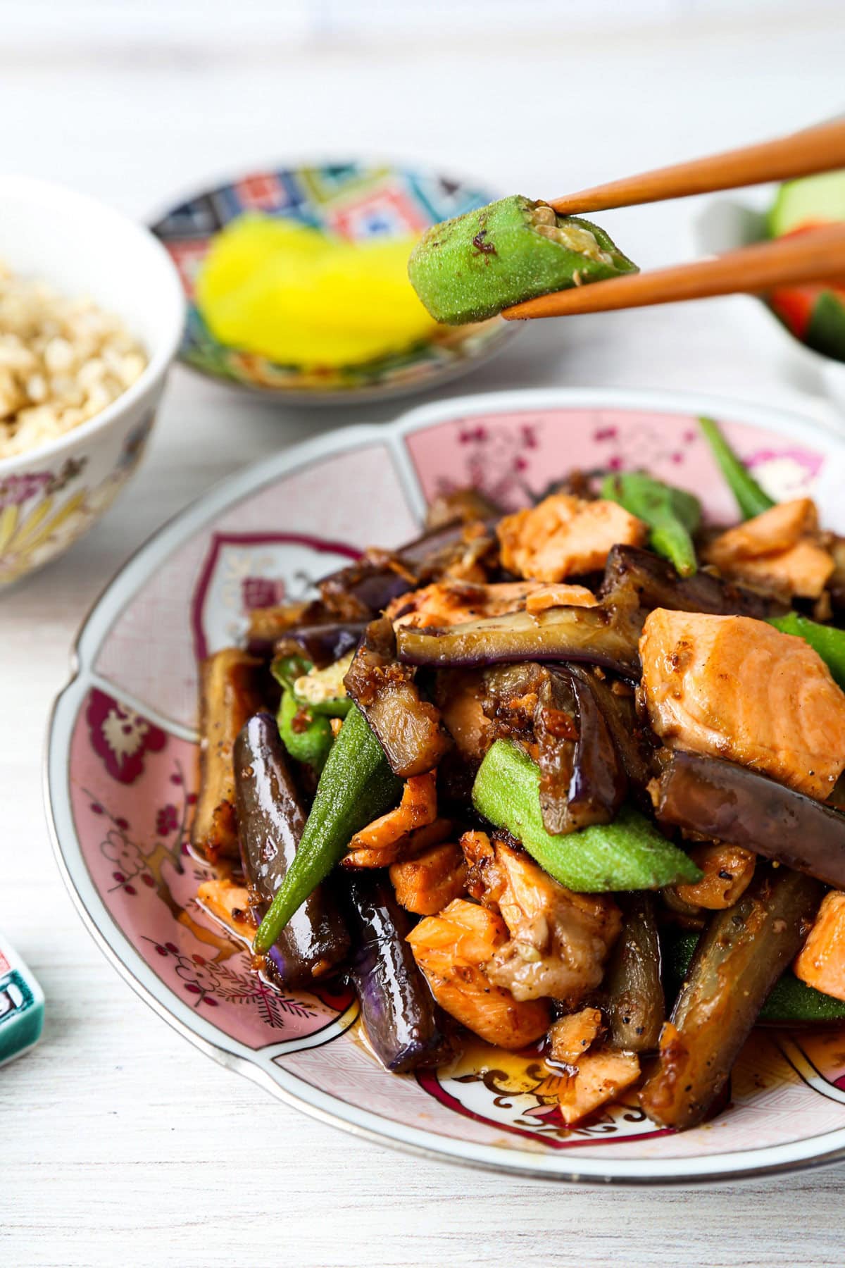 Eggplant, okra, and fish stir fry